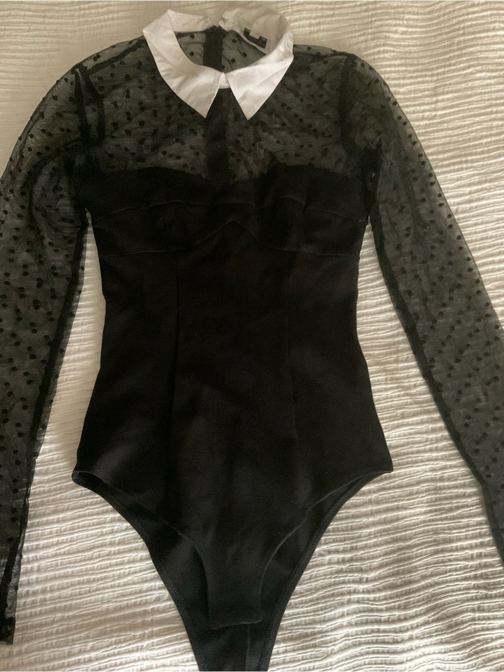Fleur du Mal Black Bodysuit with White Peter Pan Collar and Sheer Dotted Sleeves